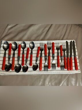 Mid Century Red Handle Stainless Steel Flatware - 18 pc